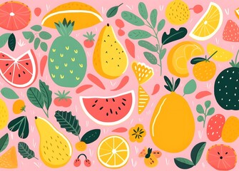 fruits and vegetables designs background wallpaper, in the style of jon burgerman, vintage aesthetics, yellow and pink, colorful animation stills, cottagecore  - obrazy, fototapety, plakaty