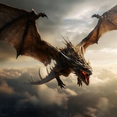 terrifying flying dragon in flight - obrazy, fototapety, plakaty