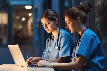 laptop using workers healthcare female beautiful two doctor nurse medicals men at work health care woman computer modern hospital clinic clinical job intern blue scrub stethoscope window - obrazy, fototapety, plakaty