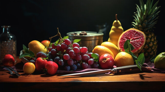 Fruits and knife on a wood table close up shot 
