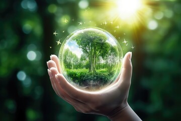 concept environment ecology background summer nature tropical tree green globe protecting hands  environment nature plant ecology earth energy green global icon background technology - obrazy, fototapety, plakaty