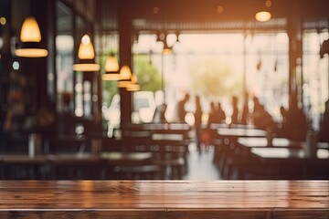 tone Vintage interior restaurant defocused blurry platform space table wooden Empty eatery display background blur cafes people hot drink shop abstract blurred bar surface light bokeh dining chair