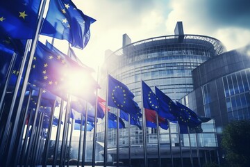 Brus building Parliament European front waving flags EU europa flag union commission brussels government summit belgium community business architecture euro background office law economy - obrazy, fototapety, plakaty