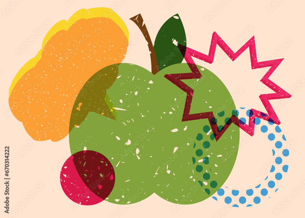Poster risograph apple with speech bubble with geometric shapes. objects in trendy riso graph print texture