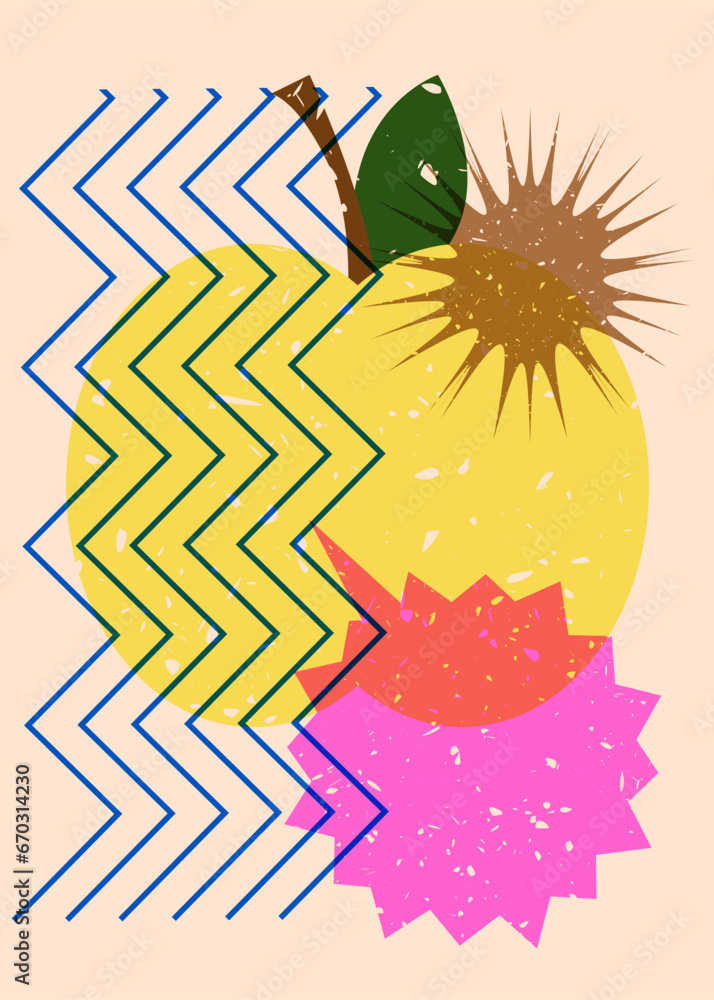 Poster risograph apple with speech bubble with geometric shapes. objects in trendy riso graph print texture