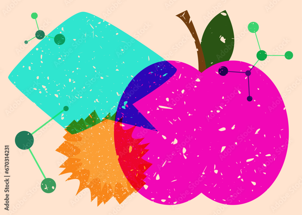 Poster risograph apple with speech bubble with geometric shapes. objects in trendy riso graph print texture