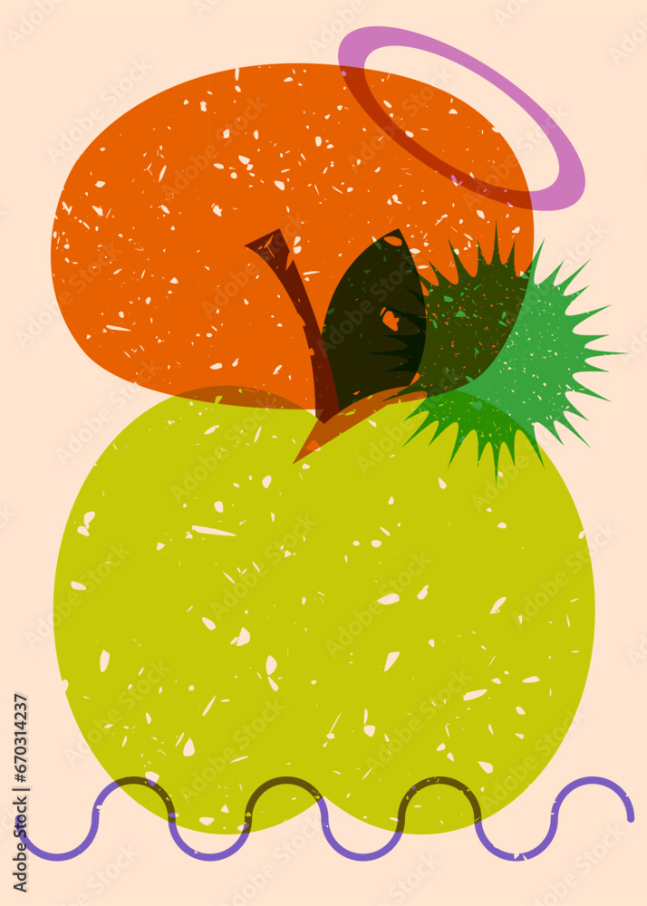 Poster risograph apple with speech bubble with geometric shapes. objects in trendy riso graph print texture