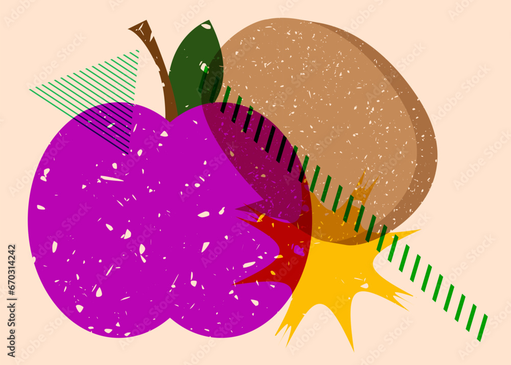 Poster risograph apple with speech bubble with geometric shapes. objects in trendy riso graph print texture
