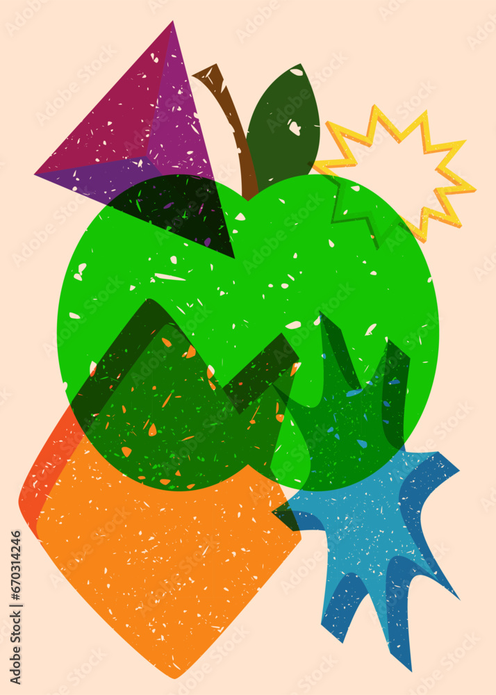 Poster risograph apple with speech bubble with geometric shapes. objects in trendy riso graph print texture