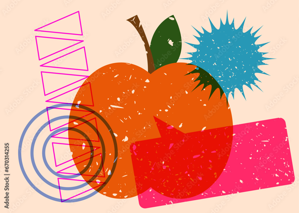 Poster risograph apple with speech bubble with geometric shapes. objects in trendy riso graph print texture