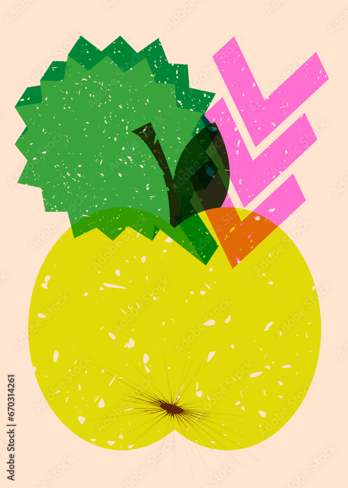 Poster risograph apple with speech bubble with geometric shapes. objects in trendy riso graph print texture