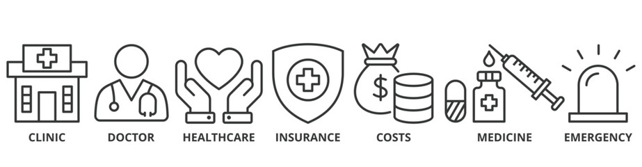 Medicare banner web icon vector illustration concept with icon of clinic, doctor, healthcare, insurance, costs, medicine, and emergency