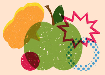 Fototapeta premium Risograph apple with speech bubble with geometric shapes. Objects in trendy riso graph print texture style design with geometry elements.