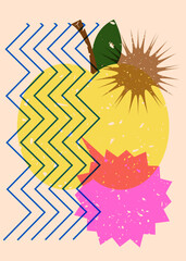 Risograph apple with speech bubble with geometric shapes. Objects in trendy riso graph print texture style design with geometry elements.