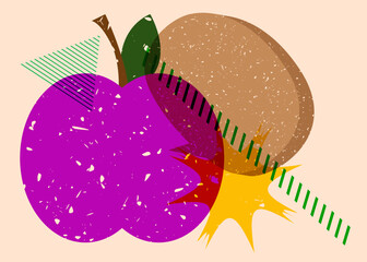 Risograph apple with speech bubble with geometric shapes. Objects in trendy riso graph print texture style design with geometry elements.