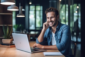 laptop working while call phone making office casual entrepreneur cheerful smiling young portrait  eyeglass confidence office laptop looking businessman manager freelancer businessperson - obrazy, fototapety, plakaty