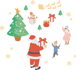 アイソメトリック　俯瞰　クリスマス　冬　サンタクロース　キッズ　人物　シンプル　イラスト素材セット