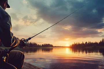 Deurstickers background Fishing sunset lake fisherman hand closeup man action hobby fresh water leisure activity catching reel rod sport angling spinning summer sunlight angler line casting braid forest boat bac © akkash jpg