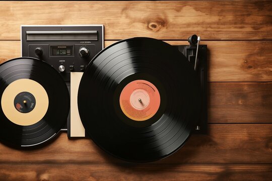 text space lay flat background wooden records vinyl player modern view top collection many object art label classic play plastic grunge audio music sound retro