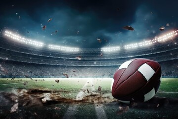 field football ball american oval nobody brown bright light traditional equipment recreation entertainment texture stitch play leather game sport leisure recreational team greengrass pitch stadium p - obrazy, fototapety, plakaty
