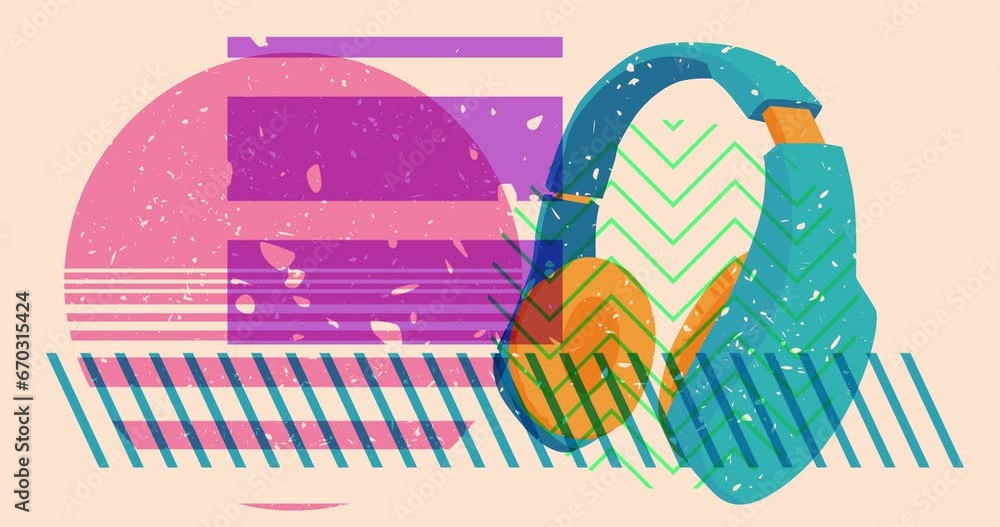 Poster risograph headset with geometric shapes animation. moving object in trendy riso graph design video.
