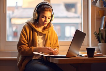 studying when headphones using table sitting student female young a girl teenage woman blond yellow happy person adult attractive beautiful school education college secondary university - obrazy, fototapety, plakaty