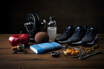 fitness items different exercise shoe sport equipment healthy diet gym weight physical dumbbell health concept background fit loss lifestyle running nourishment