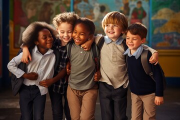 classroom racial cultural Multi happy embracing Schoolchildren group school children girl youth reading people caucasian education student book white boy hug portrait young together hugs - obrazy, fototapety, plakaty