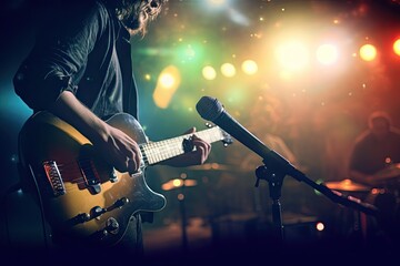 concept blur soft background microphone stage guitarist guitar musician band player music musical concert live play rock show guy performer bass rocker solo - obrazy, fototapety, plakaty