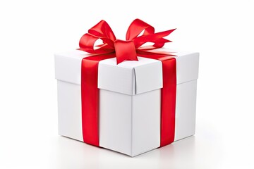 Obraz premium white isolated bow ribbon red box gift christmas birthday celebration paper present decoration holiday package anniversary day valentine background surprise colours elegance satin event