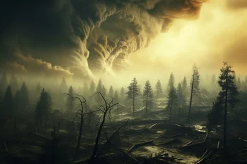 Foto op Aluminium Destructive tornado ravaging forest amidst climate change catastrophe. Generative AI © Thalia
