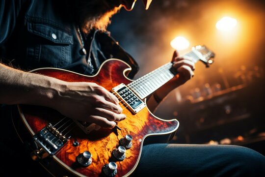 view close guitar playing man play electric instrument hand rock closeup concert player light stage artist band black music performance