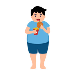 Obesity child eating hamburger and French fried in flat design on white background.