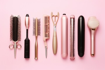 space copy background pink tools dresser hair professional hairdresser salon gold beauty design set dryer equipment razor barber drier care haircut cutting shop sprayed black accessory - obrazy, fototapety, plakaty