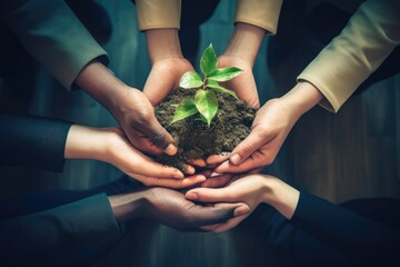 plant green eco holding together hands team partners union company ecosystem organization sustainability collaboration relationships human stacked hand partner organisation partnership - obrazy, fototapety, plakaty