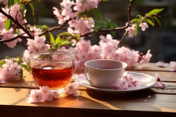 Delicate Cherry Blossom Tea served on a rustic table set against the peaceful tranquility of a softly lit garden