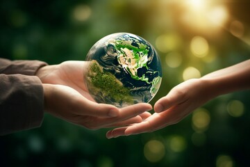 space copy background green defocused child earth planet small giving hands senior close   globe showing giving planet earth concept day earth children green background environment