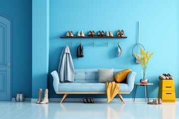 modern hallway filled with fashionable furniture, shoes, and accessories beside a vibrant blue wall. Generative AI