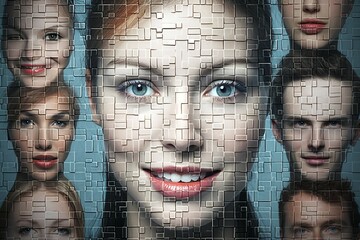 portraits mosaic group people different smile happy success business businessman work men at caucasian african face multiracial multi visage man woman children childhood composition teenage goggles - Powered by Adobe
