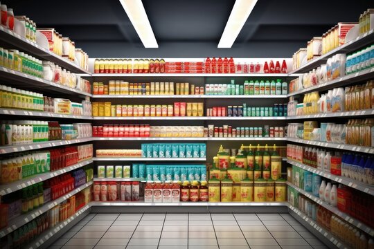 products various full shelves interior supermarket grocery store hall shelf food product merchandise good trade market consumption consumerism department economy buy retail row business