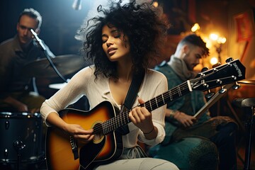 guitarist bass saxophonist drummer background crossed legs chair sitting while guitar playing singing woman race mixed jazz multiethnic performance singer studio - Powered by Adobe