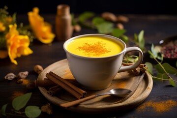 Obraz na płótnie Canvas A comforting cup of golden milk filled with health-boosting turmeric and spices on a cozy autumn evening