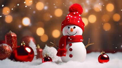 Snow man with christmas setting on bokeh background