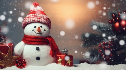 Naklejka na ściany i meble Snow man with christmas setting on bokeh background