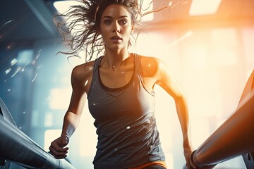 treadmill running girl fitness gym leg muscular sport woman lifestyle healthy physical exercise sporty wellness adult train equipment exercising athlete