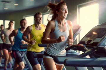 treadmills running people group  gym treadmill fit fitness cardio run man woman sport physical...