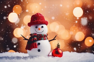 Naklejka na ściany i meble Snow man with christmas setting on bokeh background