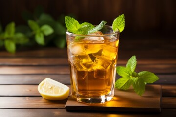 A thirst-quenching glass of homemade iced tea, adorned with a lemon slice and mint, basking in the summer sun