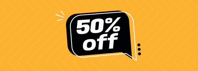 50% off. Banner with special sale five percent off black speech bubble and yellow background.	