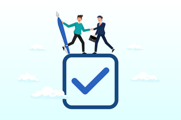 Businessman handshake on tick completed checkbox, commitment, promise or agreement to deliver or finish work, leadership skill or trust on work responsibility, accountability or engagement (Vector)